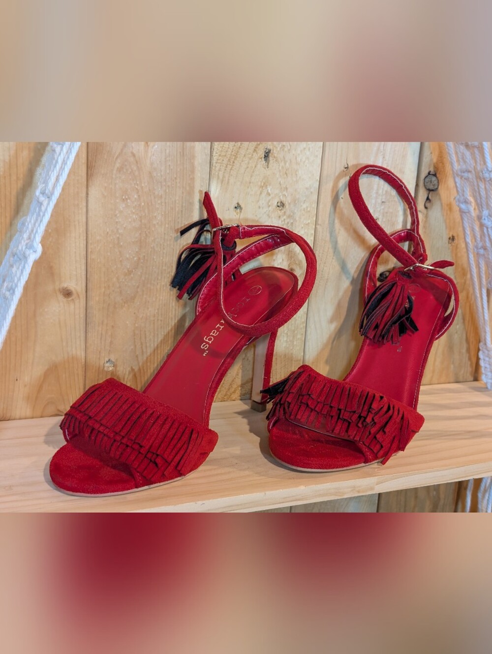 Rock & Rags Red Suede Fringe Tassel Stiletto Heels Ankle Strap Size 5 / 38